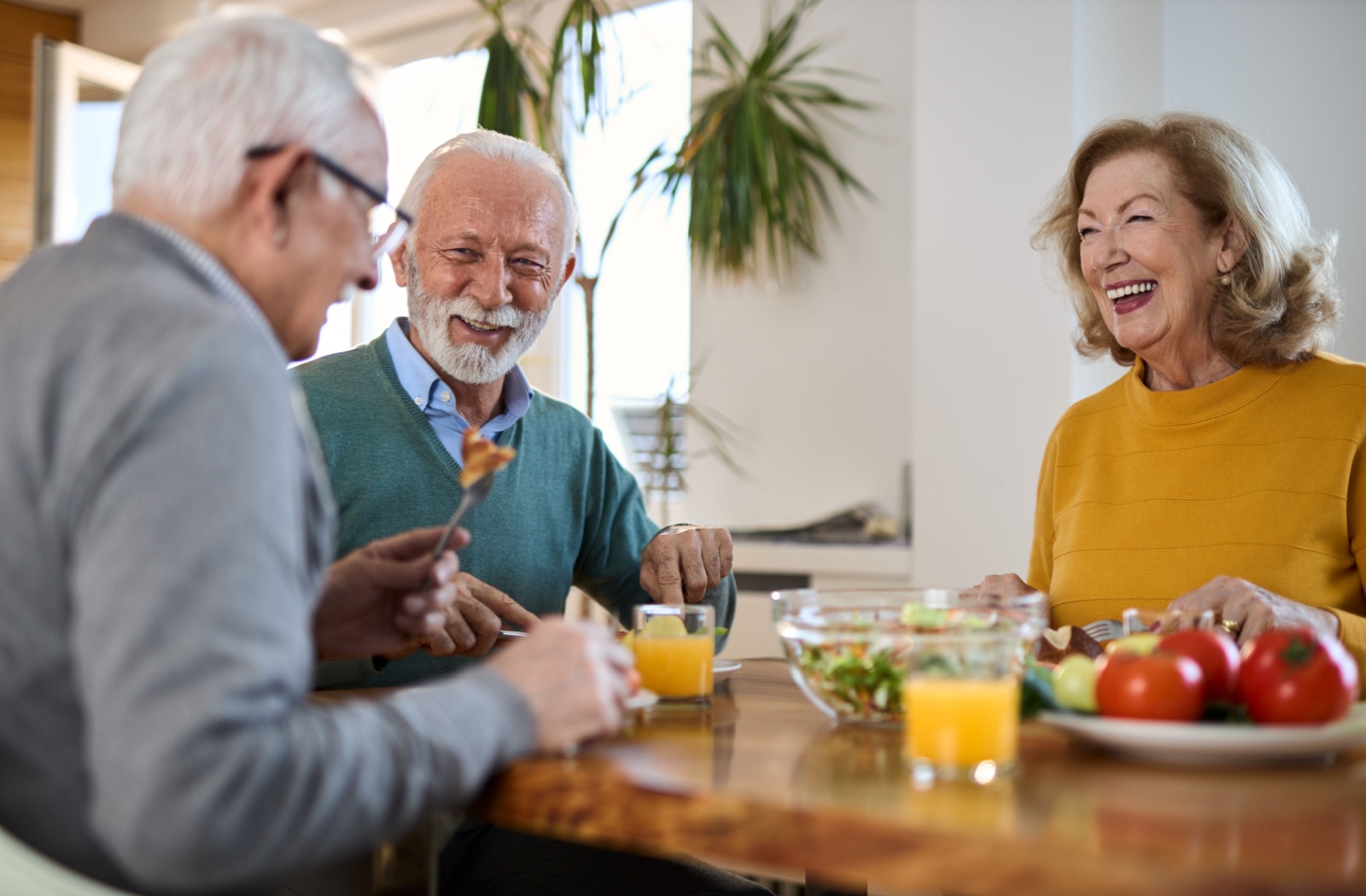 A group of happy older adults eating a protein-rich meal together.