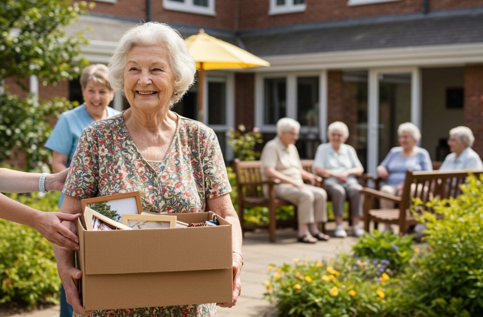A senior is moving into an assisted living community, with residents sitting in the background, greeting them.