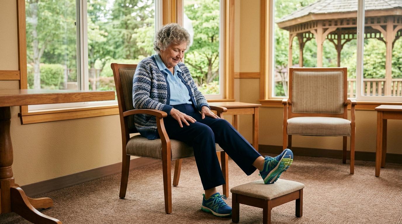 Older woman in a blue cardigan sits in a lounge, resting her right foot on a small ottoman.