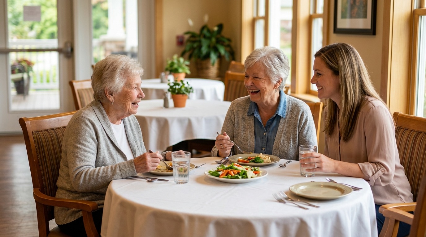 Adults enjoy a meal together, reviewing options for independent and assisted living care in a warm, welcoming setting.