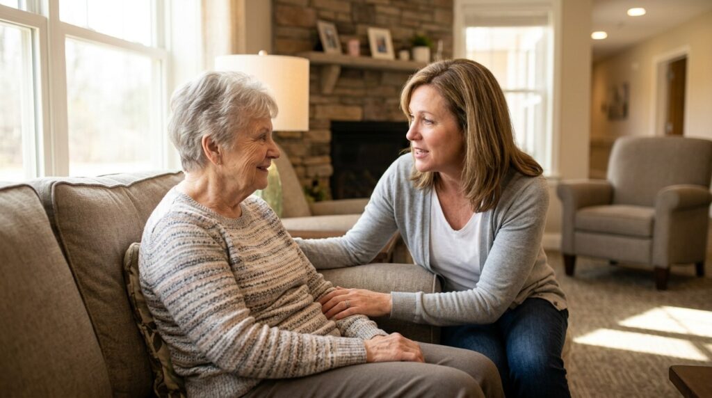 A caring adult child and senior parent have a warm conversation about assisted living and care options.