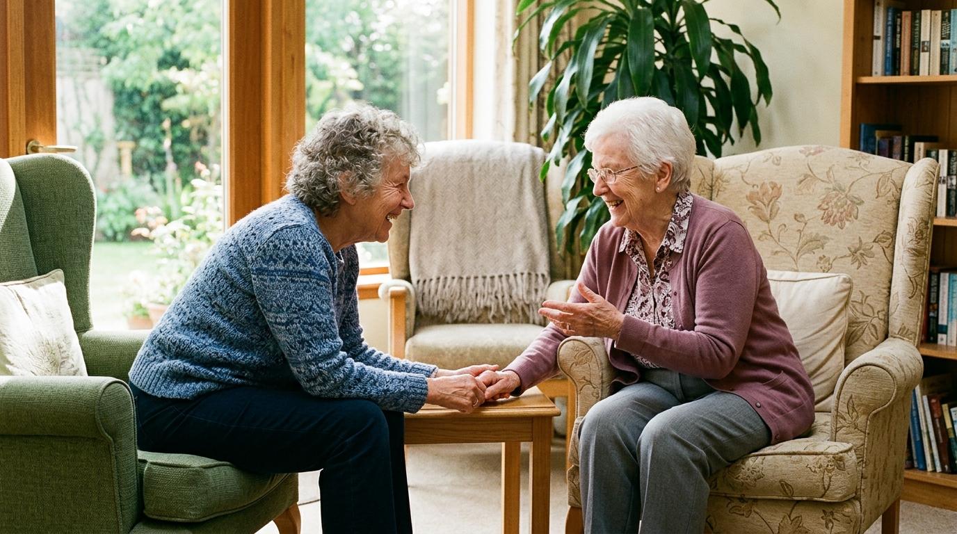 Smiling senior residents enjoy comfortable amenities in a warm, welcoming retirement community in La Porte, Texas.