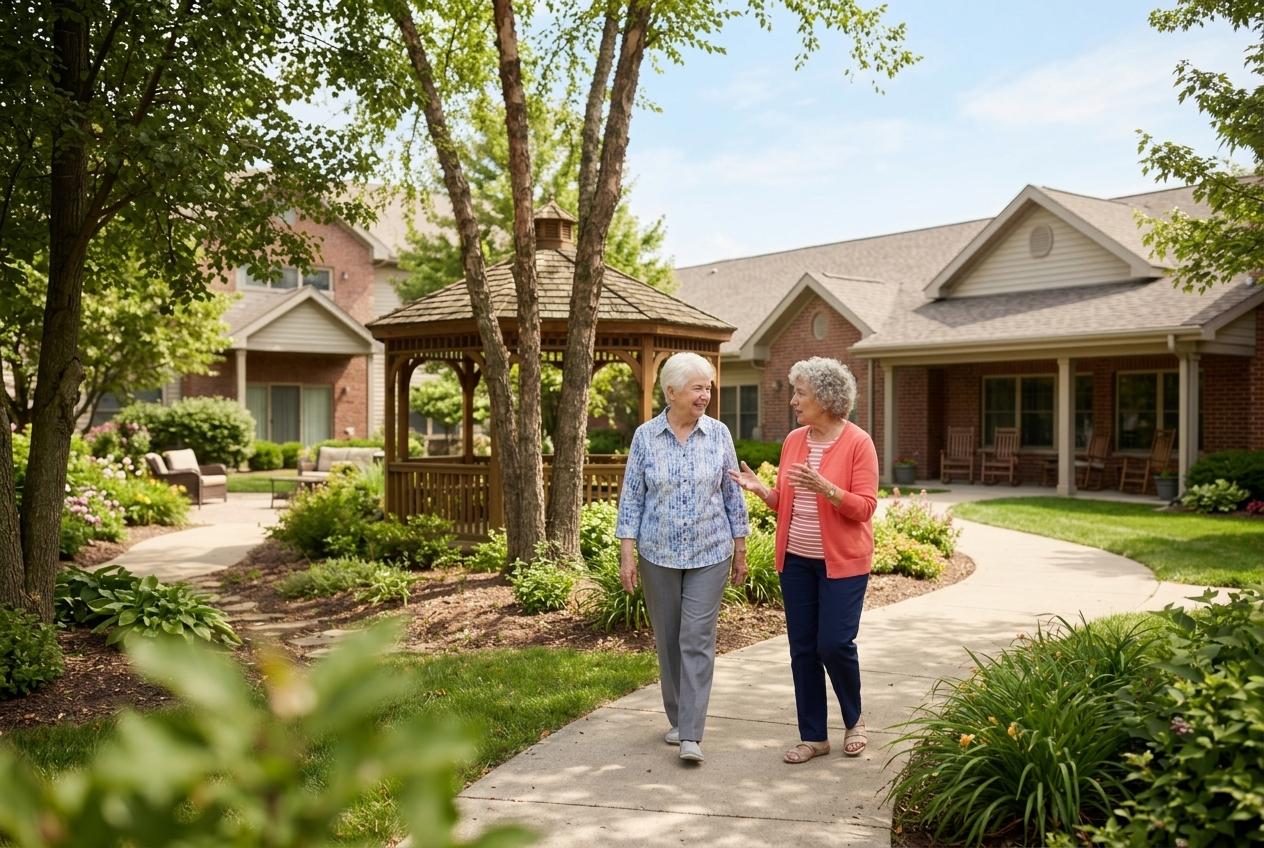 Two elderly women walking and chatting along a garden path in a senior living campus courtyard with a gazebo by the houses, on a sunny day.