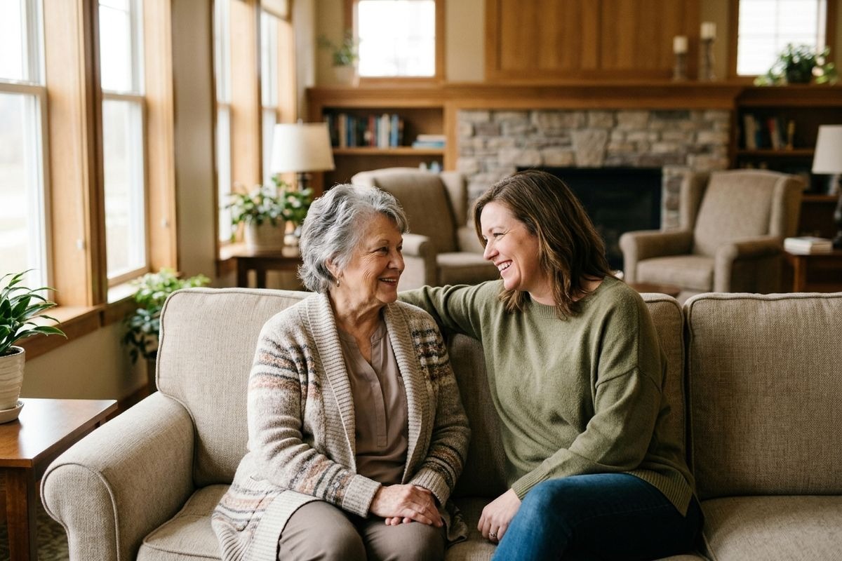 Two women, an older woman and a younger woman, sit on a beige sofa in a cozy living room, smiling at each other.