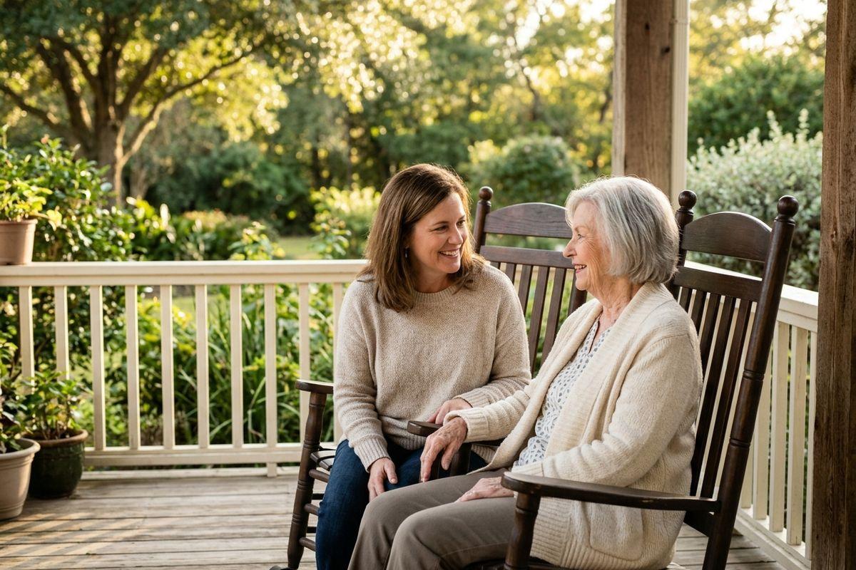 An older woman in a rocking chair talks with