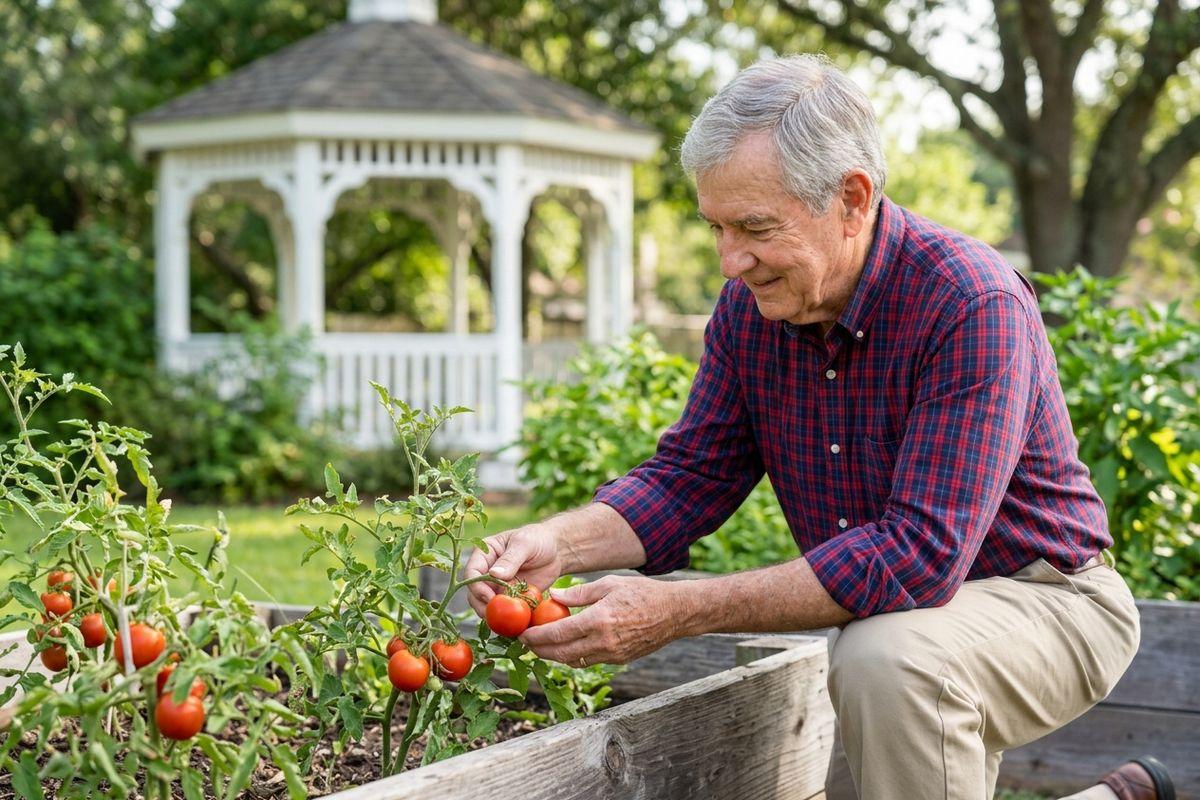Elderly man picking fresh tomatoes in a garden