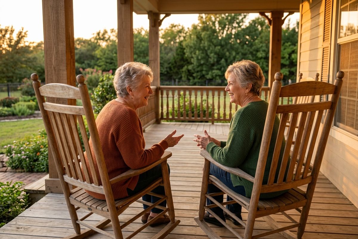 Two older adults smiling and talking in wooden rocking chairs on a porch, facing each other, with a garden and trees beyond the railing.