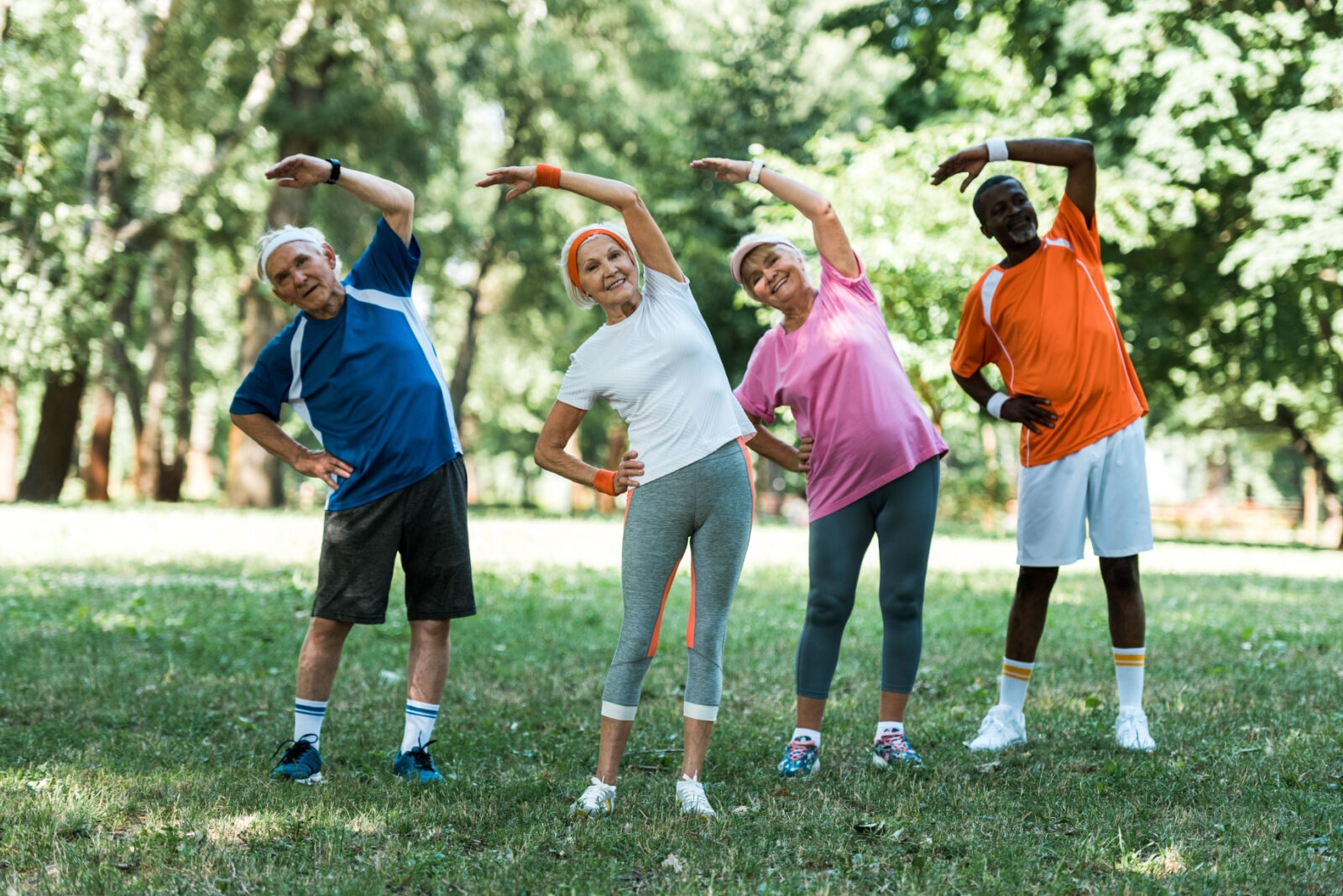 A group of seniors doing stretching exercises outdoors.