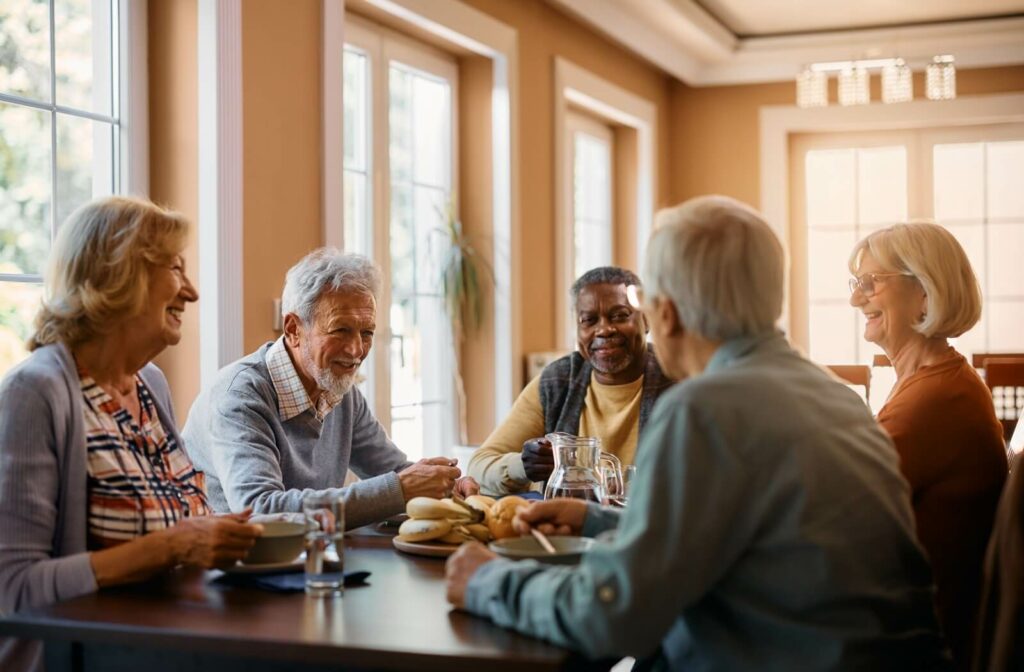 A group of seniors laughing and smiling while eating breakfast together in assisted living.